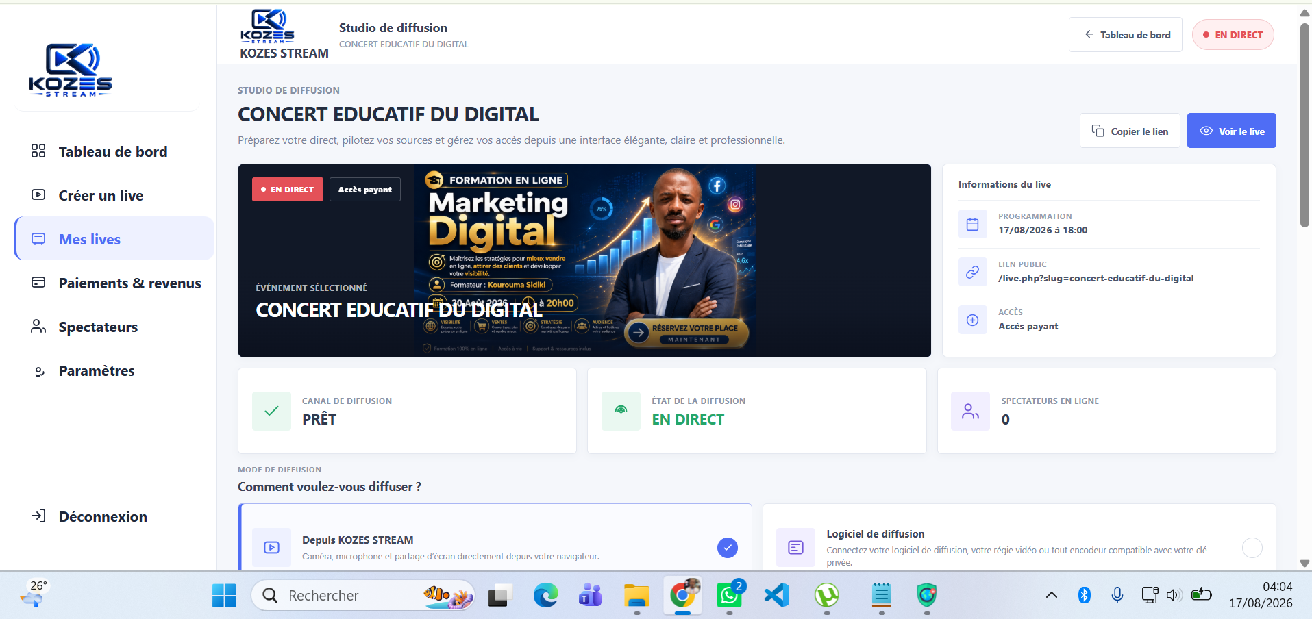 Aperçu du Studio de diffusion KOZES STREAM